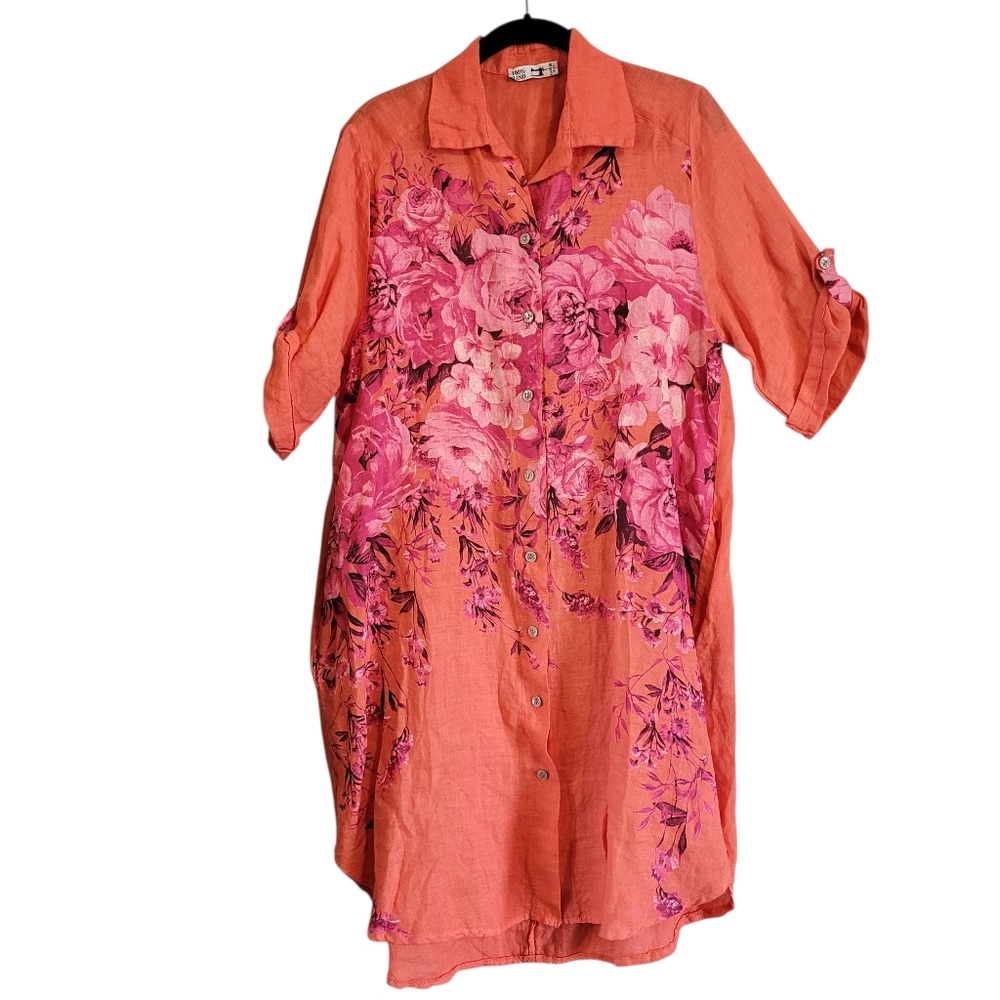 Coral Fuchsia Floral 100% Linen Button-Up Shirt Dress Wmn M Lagenlook Boho Artsy